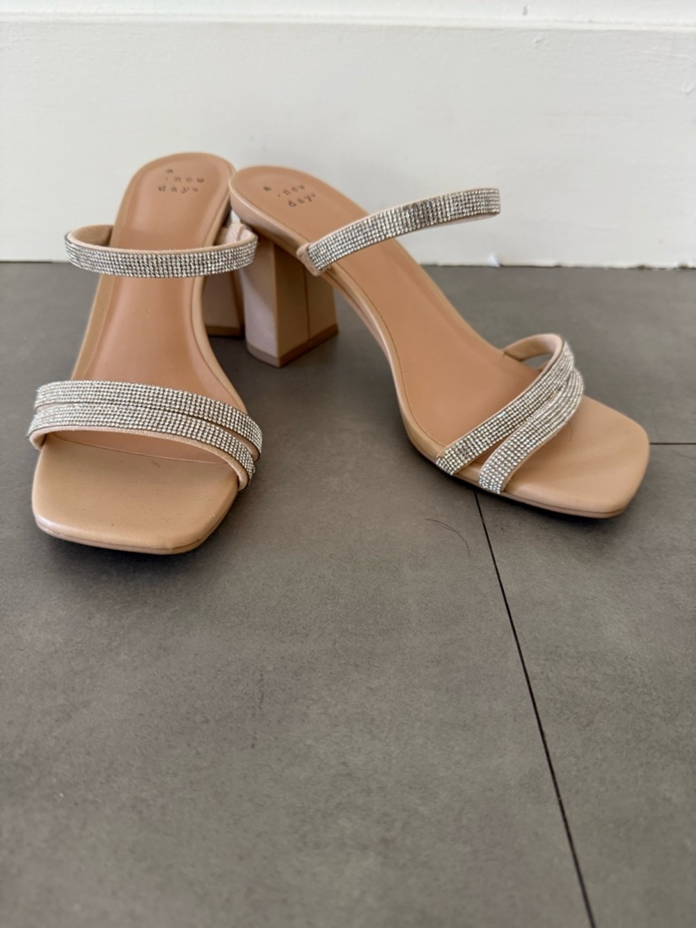a new day Nude Rhinestone Double-Strap Block Heel Sandals